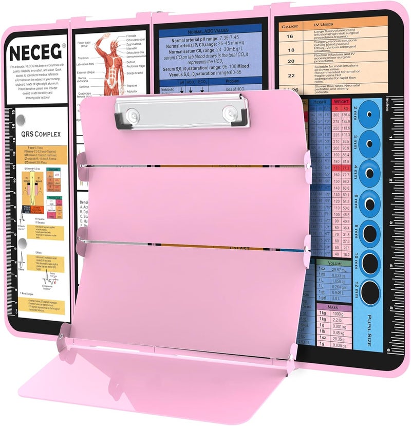 NECEG Nursing Clipboard Foldable-4 Layers Aluminum Nurse Foldable Clipboard Nursing Medical Edition Cheat Sheets, Pocket Size Pen Clip for Nurses Students School and Doctors-Pink - Image 1